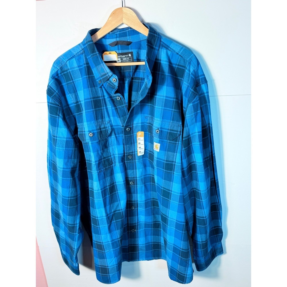 Carhartt Mens 3XL Loose Fit Blue Plaid Flannel Long Sleeve Button Down Shirt NEW